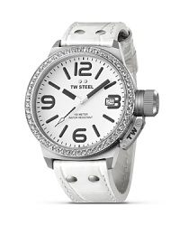 Accented with 56 white Swarovski crystals, TW Steel's 3-hand dial Canteen watch lends a bold look in stainless steel with a stitched leather strap.