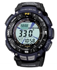 Constantly evolving and updating, Casio presents their latest Pathfinder model. Watch crafted from black cloth strap and round blue resin case. Black turning bezel with cardinal directions. Solar-powered, digital display dial features full auto EL backlight, triple sensor (altimeter/barometer, thermometer, digital compass), five daily alarms, world time, stopwatch and countdown timer. Quartz movement. Water resistant to 100 meters. One-year limited warranty.