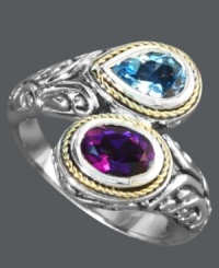 Wrap yourself in stunning sparkle. Balissima by Effy Collection's stylish bypass ring features pear-cut blue topaz (3/4 ct. t.w.) and oval-cut amethyst (3/4 ct. t.w.). Set in sterling silver with 18k gold rope edges. Size 7.