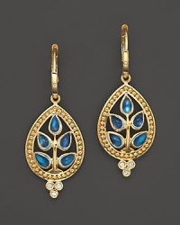 Blue moonstones and diamonds shine in 18K yellow gold in these Tree of Life earrings from Temple St. Clair.