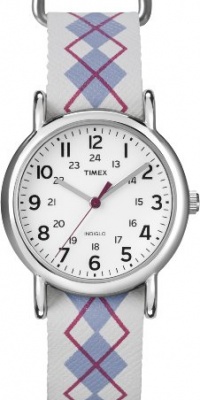 Timex Women's T2N918 Weekender Mid-Size Slip-Thru Argyle Patterned Leather Strap Watch