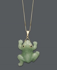 Hop to it! This playful style features a carved jade frog (25 mm x 30 mm) with sparkling sapphire accents as eyes. Setting and chain crafted in 14k gold. Approximate length: 18 inches. Approximate drop: 1-1/2 inches.