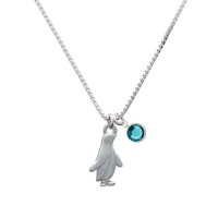 2-D Silver Penguin Charm Necklace with Teal Aquamarine Crystal Drop [Jewelry]