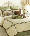 The Juliette comforter set from Vida by Eva Mendes redefines romance with its refreshing color palette and unique feminine accents. The comforter and shams feature a sophisticated fern motif embellished with ribbon trim detail and a rich chocolate border, while the solid green bedskirt grounds the look in clean, modern style. (Clearance)