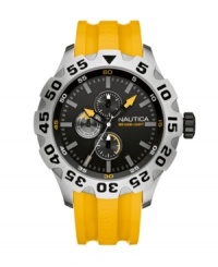 A sturdy watch by Nautica, ready for whatever you have on your agenda. Yellow logo-embossed polyurethane strap and round brushed silver tone mixed metal case. Turning bezel with black numerals. Black chronograph dial features yellow hour and minute hands, gray stick indices, three yellow-accented subdials and logo. Quartz movement. Water resistant to 100 meters. Five-year limited warranty.