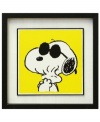 Snoopy and Woodstock hug it out in this Joe Cool framed art print, featuring a sunny yellow backdrop, ivory mat and black wooden frame.