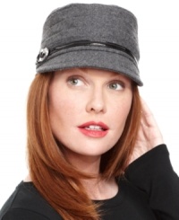 Work it. Effortlessly on-trend, this wool cap is brimming with understated style, featuring a flattering-chic shape and faux patent leather belt detail.