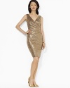 Embody timeless glamour in a sleeveless sequin dress, crafted with a flattering V-neckline and elegant ruching at the waist for a feminine silhouette.