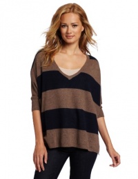 Minnie Rose Women's 100% Cashmere Stripe Pow Wow Top, Brown Sugar/Midnight Rider, Petite/Small