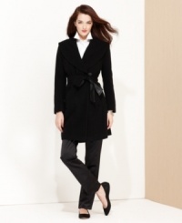 Larry Levine's coat gets a luxe lift thanks to a faux leather tie belt and a wrap-style silhouette.