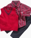 This Nautica sweater vest, plaid shirt and pants combo will have him looking head-to-toe adorable.