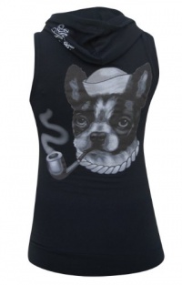 Women's Smokey by Thea Fear Boston Terrier Tattoo Artwork Sleeveless Hoodie Pullover Black Vest