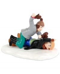 Enough is enough. The mittens come off and Ralphie tackles Farkus to the ground in a figurine that's a big part of A Christmas Story and crafted by Department 56.