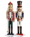 Christmas classics. The king of all nutcrackers and his faithful drummer boy have a grand presence in any holiday setting, carved in solid wood with traditional white beards and festive colored accents. King shown left; drummer on right.