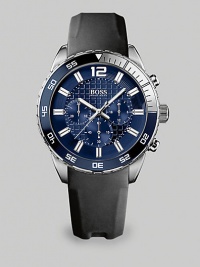 A dynamic sport watch, the Deep Blue collection uses all the codes of a diving inspired watch. This watch also features all the functions of a genuine chronograph with a rotating bezel with 15 minutes diving security highlighted with luminova. The unique integrated rubber coated leather strap ensures comfort and durability.Chronograph movementRound bezelWater resistant to 10ATMSecond handStainless steel case: 44mm(1.73)Rubber coated strap braceletImported