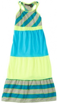 One Step Up 7-16 Stripe Color Block Maxi Dress NEON AQUA/YELLOW Md 10/12