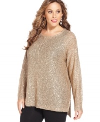 Sparkle this holiday season in DKNYC's long sleeve plus size sweater, crafted from a sequined knit!