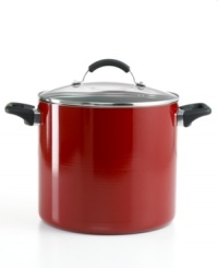 From spaghetti to stew, this durable, over-sized pot steps up to big family gatherings and parties to dish out easy prep and delicious results. An aluminum construction defines efficiency by heating up fast, while the dimpled surface with professional nonstick creates hot air pockets that promote even heating & unbelievable release. Lifetime warranty.