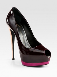 Patent leather peep toe pumps in a modern colorblock silhouette. Self-covered heel, 5½ (140mm)Covered platform, ½ (15mm)Compares to 5 heel (125mm)Patent leather upperLeather lining and solePadded insoleMade in Italy