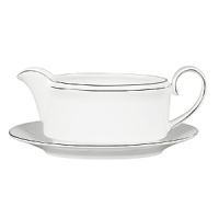 A subtle yet classic collection for formal dining in white fine bone china with platinum-toned accents.