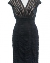 Tadashi Shoji Black/Nude Embellished Shirred Mesh V-Neck Cocktail Dress 6P