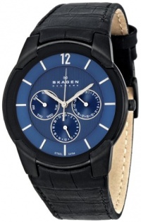 Skagen Men's 856XLBLN Steel Croco-Embossed Black Leather Strap, Blue Dial Watch