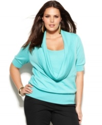 Add drama to your casual style with INC's short sleeve plus size sweater, finished by a deep cowl neckline.