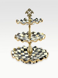 A beautifully handcrafted, tiered ceramic stand in a checkerboard juxtaposition of ivory and onyx with gold luster. The perfect addition to a buffet or party is fired three times for added strength to last a lifetime. Hand-painted and -glazed 15 high Fluted plates, 7½, 9, 11 diam. Hand wash Made in USA 