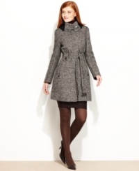 A knit collar lends cozy charm to elegant tweed in this stylish coat from Calvin Klein.