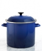 Summertime and the cooking is easy with this enameled steel stock pot. It's ideal for cooking corn on the cob, lobsters, pasta and more. The tight fitting lid seals in flavors and circulates heat for a savory finish. And, clean up is a snap. Holds 12 quarts. Limited lifetime warranty.