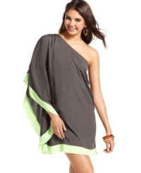 Neon trims pop against the smoky hue of a draped, one-shoulder dress that's all about toga style! From REIGN. (Clearance)