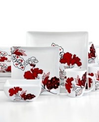 Lush red blossoms cascade across a pure, white ground in the Velvet Bouquet dinnerware set. With its smooth shapes in high-fired porcelain, this fine set makes day-to-day dining and artful experience.