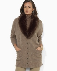 A cozy lambswool-blend cardigan is knit with ribbed sleeves and a detachable faux-fur collar for feminine style.