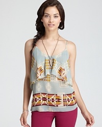 Join the on-trend tribe with this ruffle-trimmed Aqua cami sporting a colorful print.