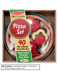 Make a 10-inch felt pizza to please any palate with this 42-piece create-a-pizza set. Your little chef can choose from an array of colorful toppings and even customize each slice. Then slide the pizza into the box – time to deliver!