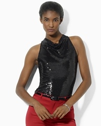 A sequined-front camisole with a pretty draped neckline adds an element of glamour to your ensemble.