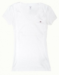 Tommy Hilfiger Slim Fit V-neck Women Logo T-shirt (M, White)