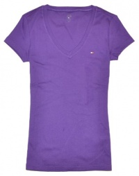 Tommy Hilfiger Slim Fit V-neck Women Logo T-shirt (S, Dark violet)