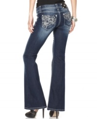 Rhinestones and floral embroidery add feminine flair to these Miss Me bootcut jeans -- perfect for a flirty spring look!