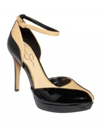 Dramatic lines make Jessica Simpson's Delilia platform pumps so sophisticated. A softly pointed closed toe and a dainty ankle strap closure complete the look with class.