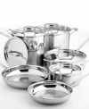 A shining example of kitchen competence, this set includes everything you need for great cooking. The special multiclad construction bonds brilliantly polished stainless steel to a core of pure aluminum for the fastest, most even heat distribution. Professional stainless covers with drip-free rims seal in flavors and nutrients, while the generously sized cool-grip handles provide handling safety. Limited lifetime warranty.