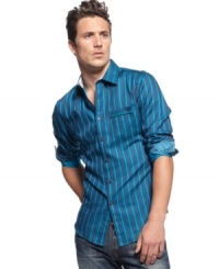 Tired of the same old pattern? Change it up with this stripe/dot combo print shirt from INC International Concepts.