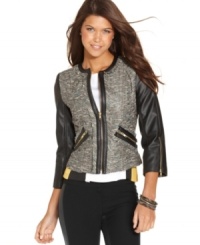 With its textured tweed fabric and tailored construction, this lightweight jacket from XOXO will have you looking sharp from day to night! Faux-leather sleeves and exposed zipper details add serious edge!