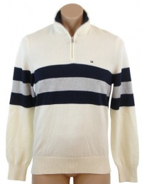 Tommy Hilfiger Mens Long Sleeve Striped 1/4 Zip Pullover Sweater - L - Off-White/Navy/Gray