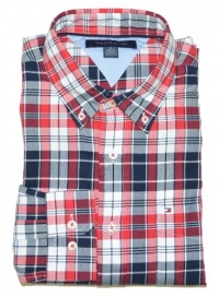 Tommy Hilfiger Men Plaid Long Sleeve Logo Shirt (M, Red/navy/white)