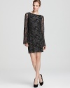 Pleated bell sleeves lend a 60's inspired feel to Laundry by Shelli Segal's metallic lace dress.