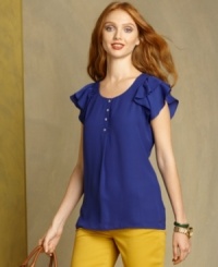 Tommy Hilfiger's flutter-sleeve top is made from a cotton and linen blend for a super-soft look and feel. The vibrant color instantly energizes any ensemble, too!