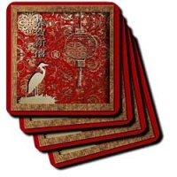 Beverly Turner Photography Crane and Lantern Happy Chinese New Year in Chine Coaster, Soft, Set of 8