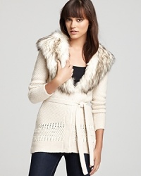 Enjoy two outstanding looks in one with this cotton blend GUESS sweater that features a striking faux fur collar you may detach for a more casual cardigan look.