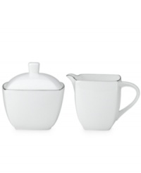 With lightweight construction in fine bone china, a softly squared design and platinum edging, the Mikasa Couture Platinum covered sugar bowl (not shown) offers a new take on sophisticated modern dining.